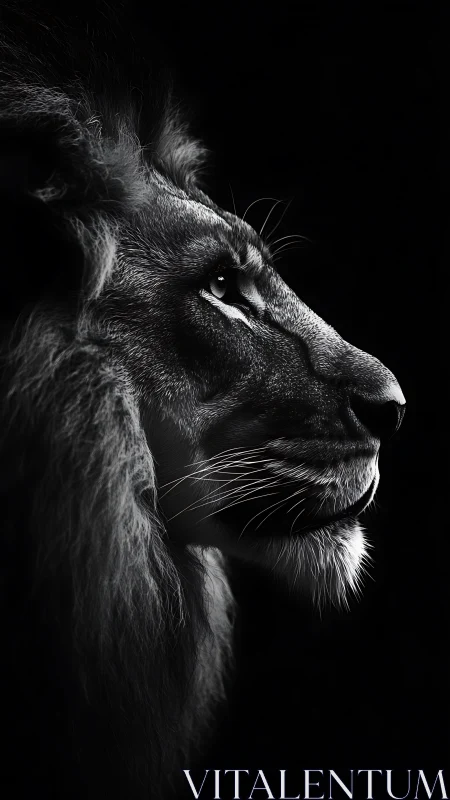 Lion profile in dramatic monochrome side lighting.