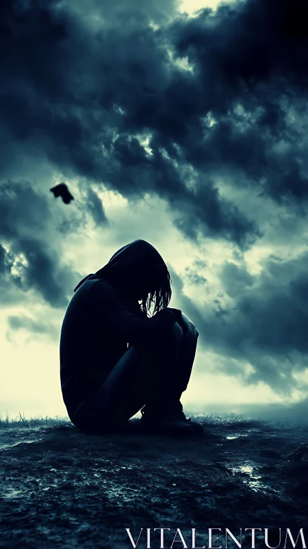 Solitary hooded figure contemplates under turbulent storm clouds