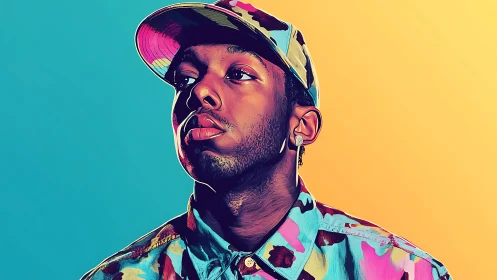 Electric street portrait in split-color pop art glow.