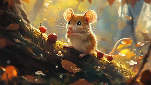 Tiny forest mouse pauses on a sunlit branch in autumn calm