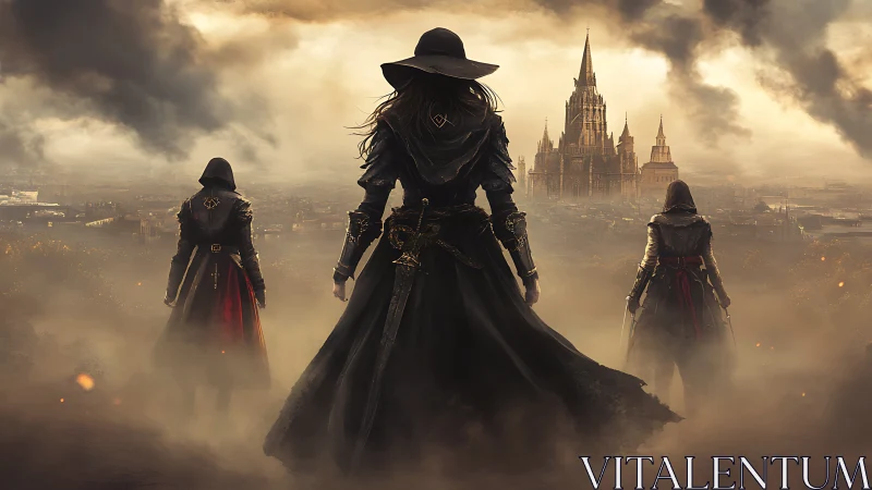 Triangular cloaked figures advance toward cathedral in smoky dusk