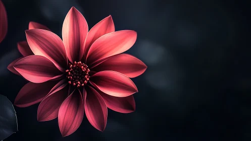 Illuminated Coral Dahlia with Radial Petal Arrangement on Dark Background