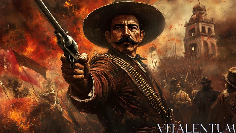 Revolutionary gunslinger confronts chaos in fiery battlefield.