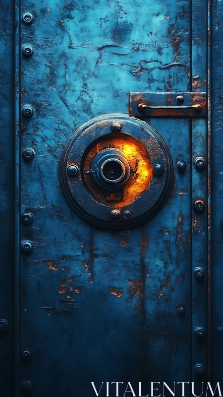 Industrial blue steel hatch with glowing circular lock core.