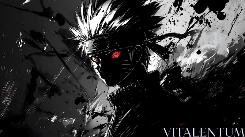 Storm-lit ninja silhouette glows with intense red gaze