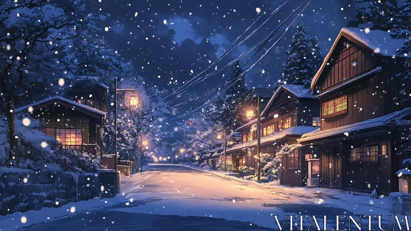 Nocturnal snowfall across timbered village street architecture.