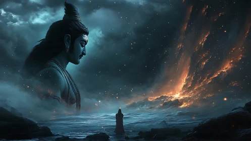 Colossal blue figure overlooks distant robed silhouette calmly