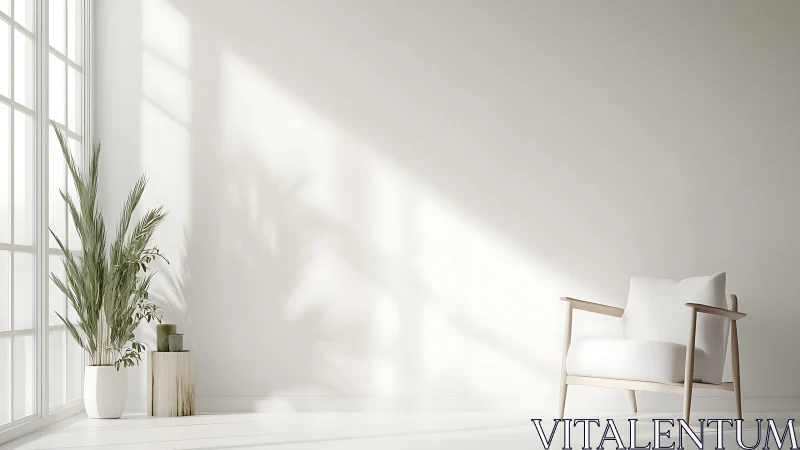 Sunlit minimalist lounge corner with white armchair and plant.