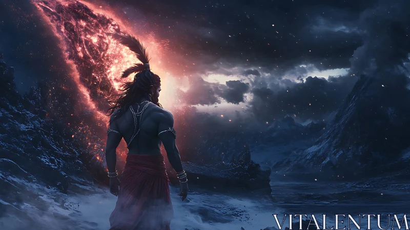 Warrior observes unstable fiery rift over frozen valley