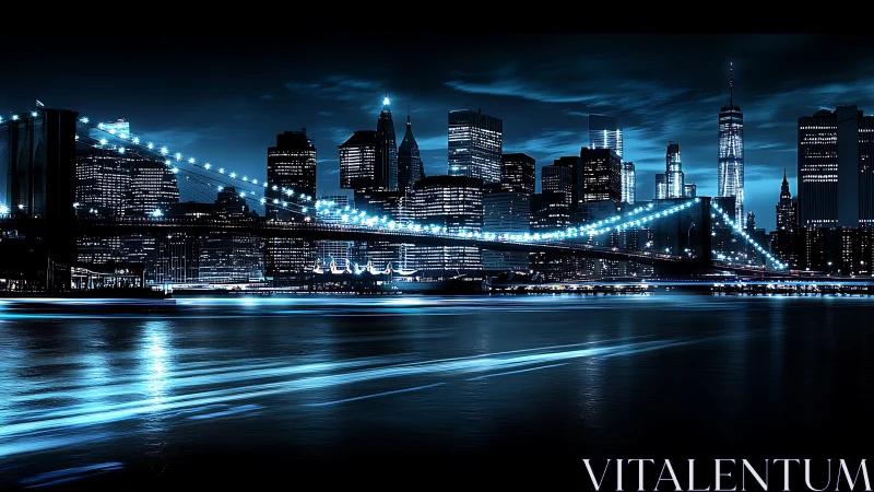 Illuminated suspension bridge spans neon blue city skyline