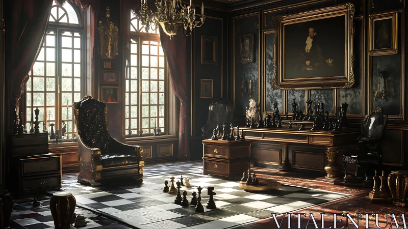 Grand chess hall basks in golden afternoon light and silence