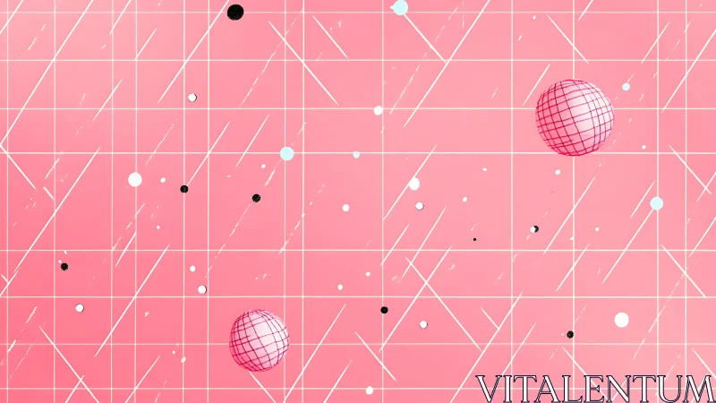 Geometric pink grid with floating wireframe spheres design.