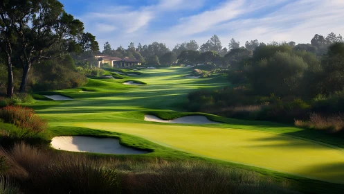 Sunlit golf fairway with bunkers amid trees and clubhouse.