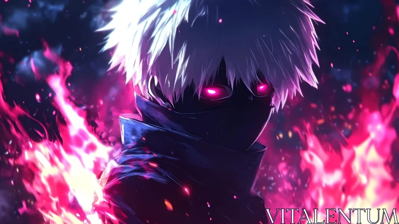 Masked white haired warrior commands neon flames in darkness
