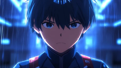 Determined anime pilot stands under neon rain in blue light