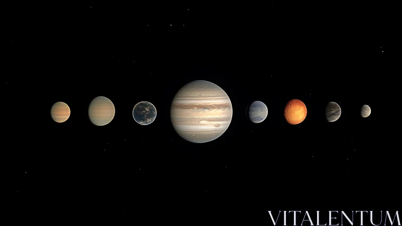 Digital render arranges stylized planets in linear alignment