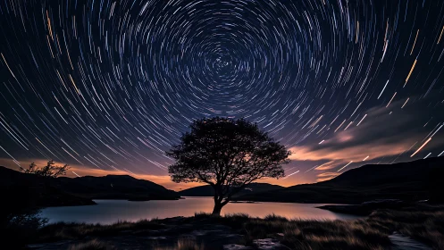 Spiraling night sky gently crowns a lone lakeside tree