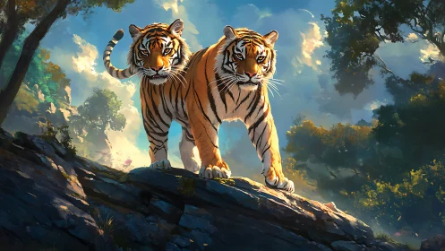 Twin Tigers Stand Triumphant on Rocky Outcrop
