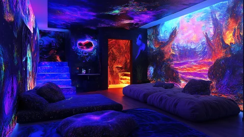 Immersive neon galaxy lounge with panoramic fantasy wall art.