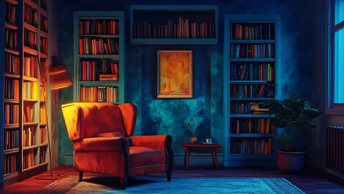 Cozy reading corner shows armchair, bookshelves and warm light