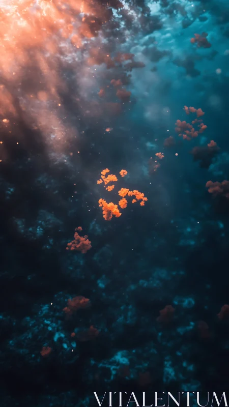 Soft ember blooms drifting through a quiet blue dreamscape.