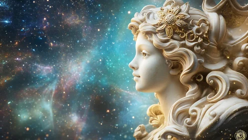 Celestial Muse in Marble Gazing into a Painted Cosmos.