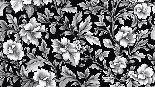Monochromatic Baroque Floral Damask Pattern with Ornamental Scrollwork