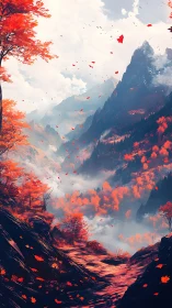Autumn alpine valley rendered in high-contrast digital painting