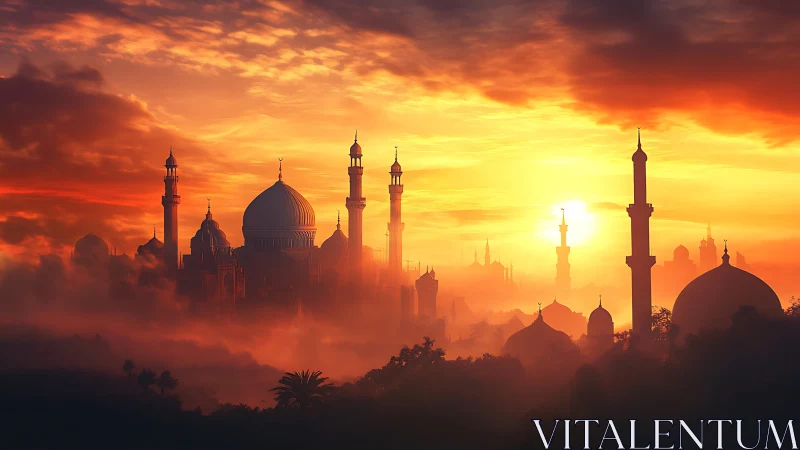 Sunlit domed skyline rises through dense atmospheric haze