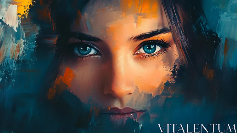 Intense blue eyed portrait emerges from vivid abstract strokes