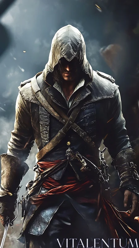 Hooded warrior in weathered leather coat stands in smoke