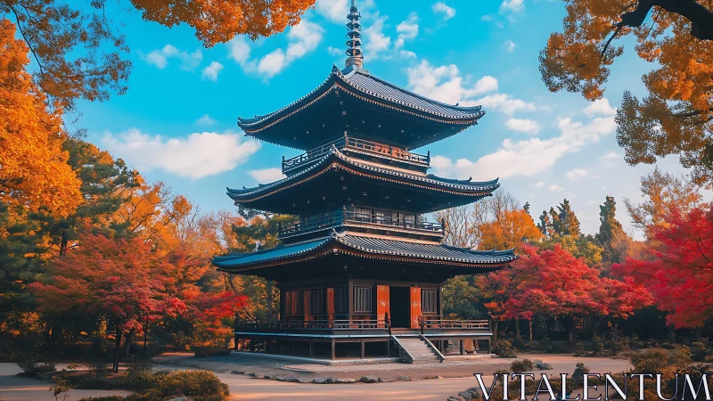 Japanese pagoda rises amid vivid autumn maple grove.