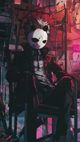 Masked antihero sits in neon-drenched cyberpunk alleyway.