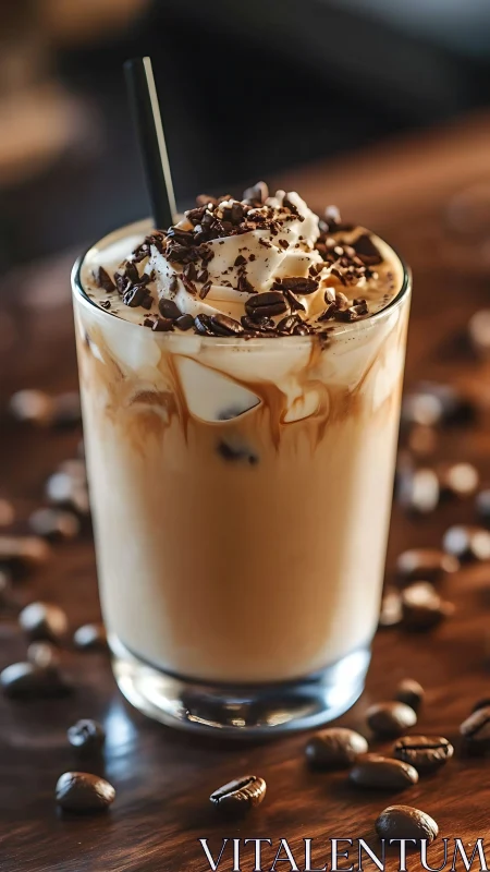 Iced Coffee Indulgence: Chocolate Shards Crown Creamy Swirl.