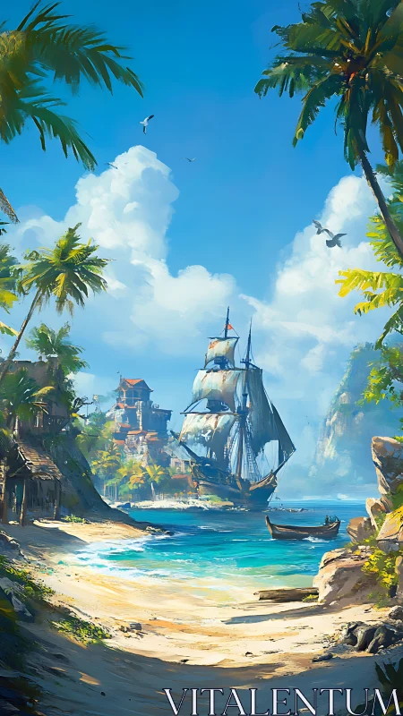 Tropical Coastal Scene with Tall Ship Anchored in Crystalline Waters