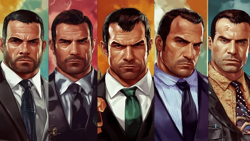 Digital painting quintet of suited male portraits in panels.