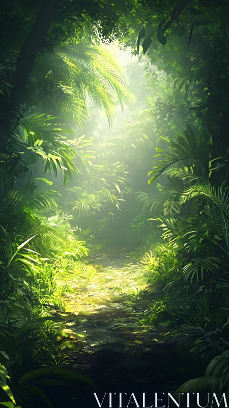 Sunlit Jungle Canopy Path Through Dense Vegetation.