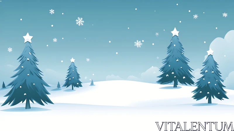 Stylized snowy fir trees under soft teal winter sky.