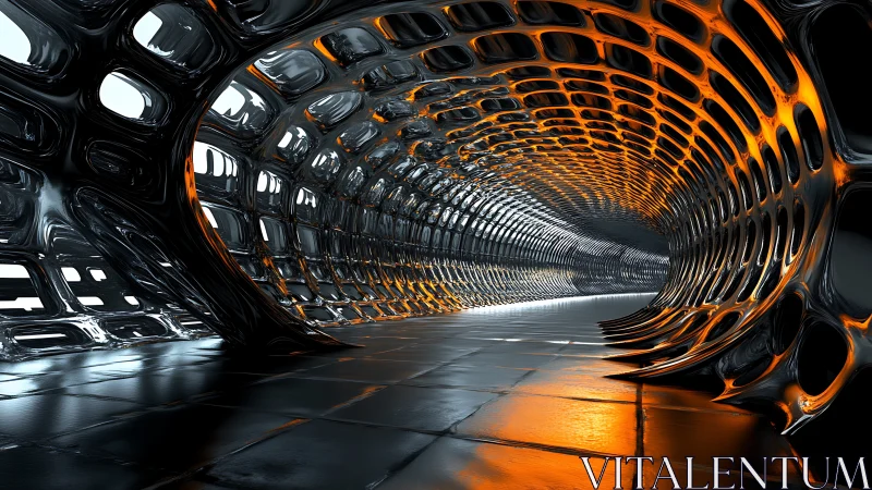 Futuristic lattice tunnel with glowing molten highlights.