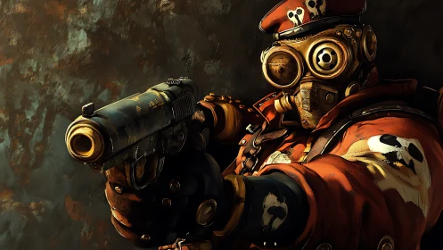 Battle-hardened masked soldier aims forward with bold resolve