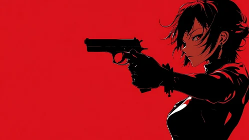 Dark-haired anime sharpshooter aims forward in stark red profile.