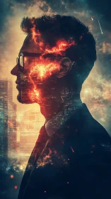 Silhouetted thinker merges with neon city and erupting cosmos