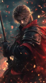 Armored swordsman holds blade amid glowing embers