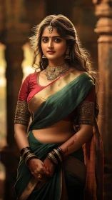 Elegant woman in traditional saree poses in warm palace light.