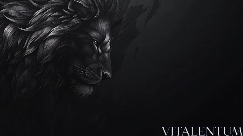Monochrome vector lion profile with sculpted filament mane.