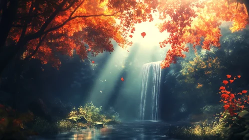Sunlit autumn forest frames serene waterfall curtain