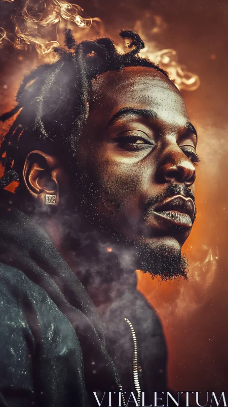 Side profile portrait in smoke with warm orange backdrop.