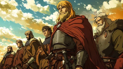 Medieval warriors line under clouded sky at sunset.