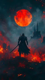 Digital painting of lone swordsman under burning crimson moon.