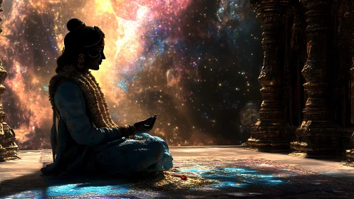 Meditating deity contemplates a glowing cosmic universe